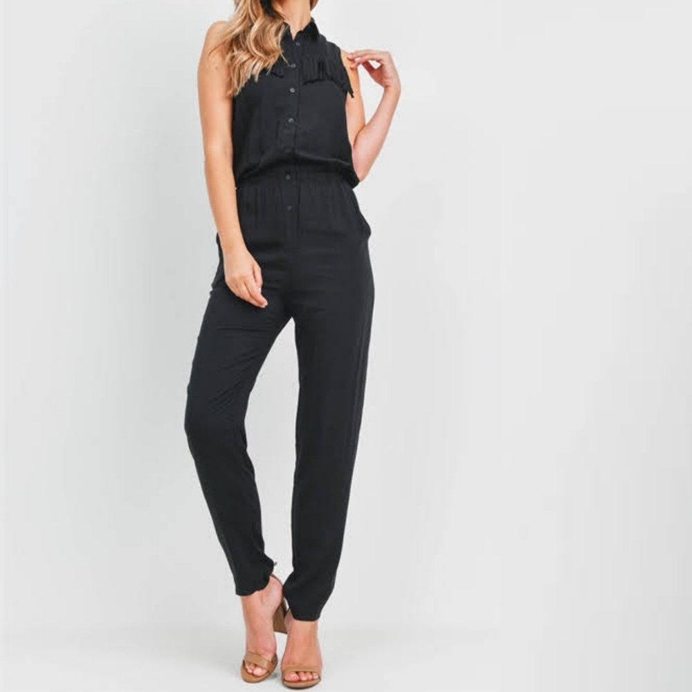 🎉B.O.G.O | Button Front Elastic Waist Jumpsuit | Black | NWT - Picture 2 of 5